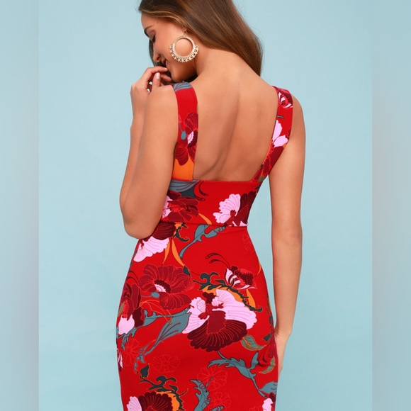 FREE PEOPLE-Sweet Cherry Red Floral Bodycon Dress size xs - Picture 2 of 5